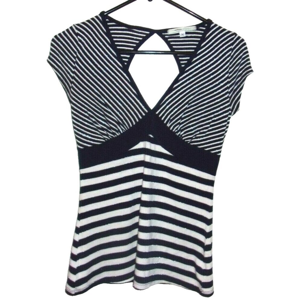 Hot Kiss Blue White Silver Striped Short Sleeve Top M Metallic Keyhole Blouse